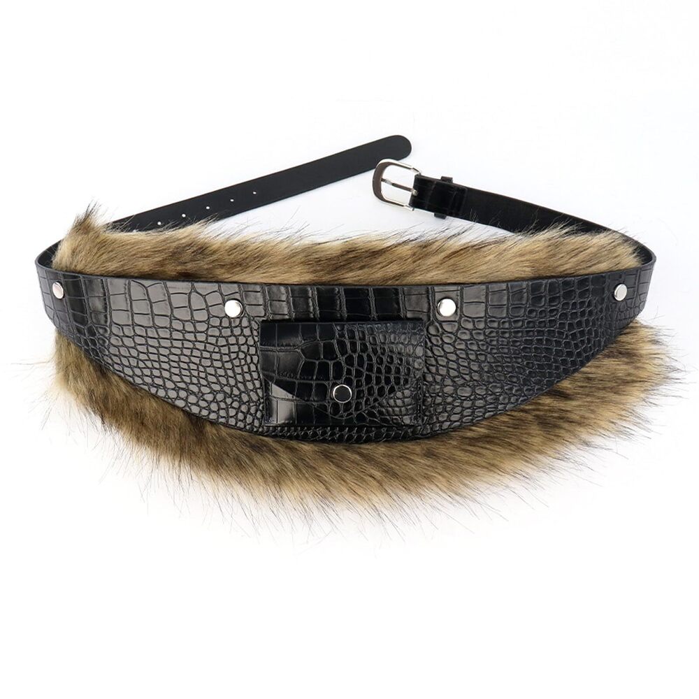 7342 Faux Fur Leather Belt Decorative Punk Waist Belt Adjustable Hairy